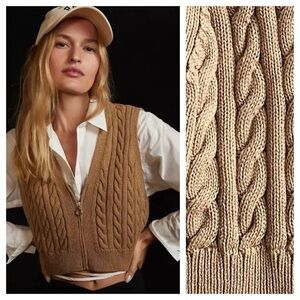 Anthropologie Pilcro Tan Cable Knit Zip-Up Sweater Vest XS